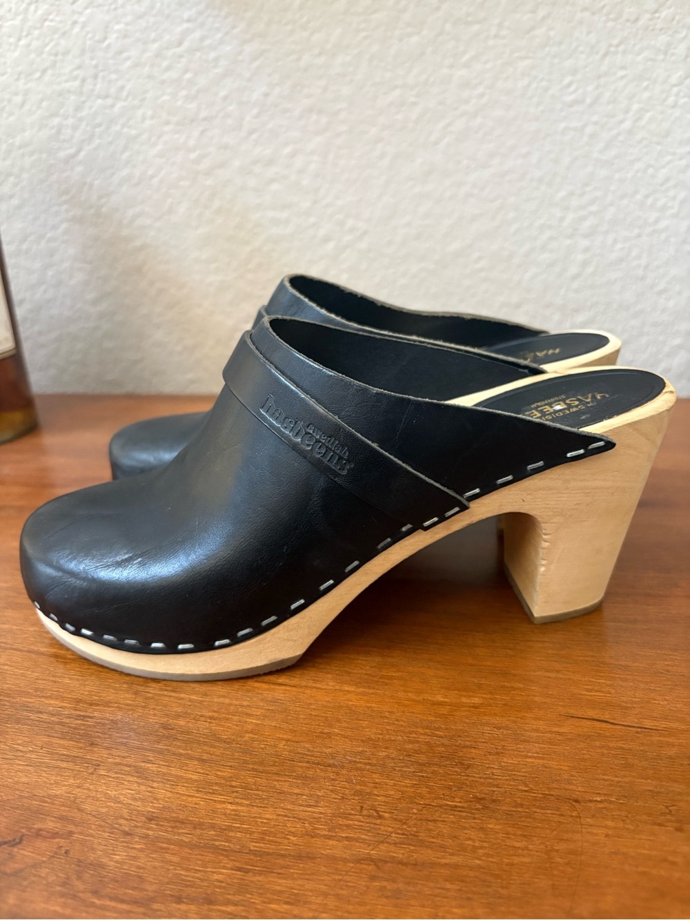 Swedish Hasbeens Black Leather Clogs with Natural Wood Heel